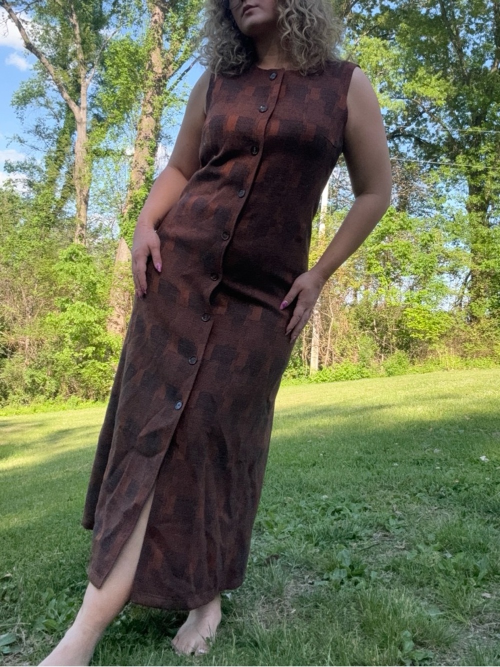 Sleeveless Button-Front Brown Maxi Dress